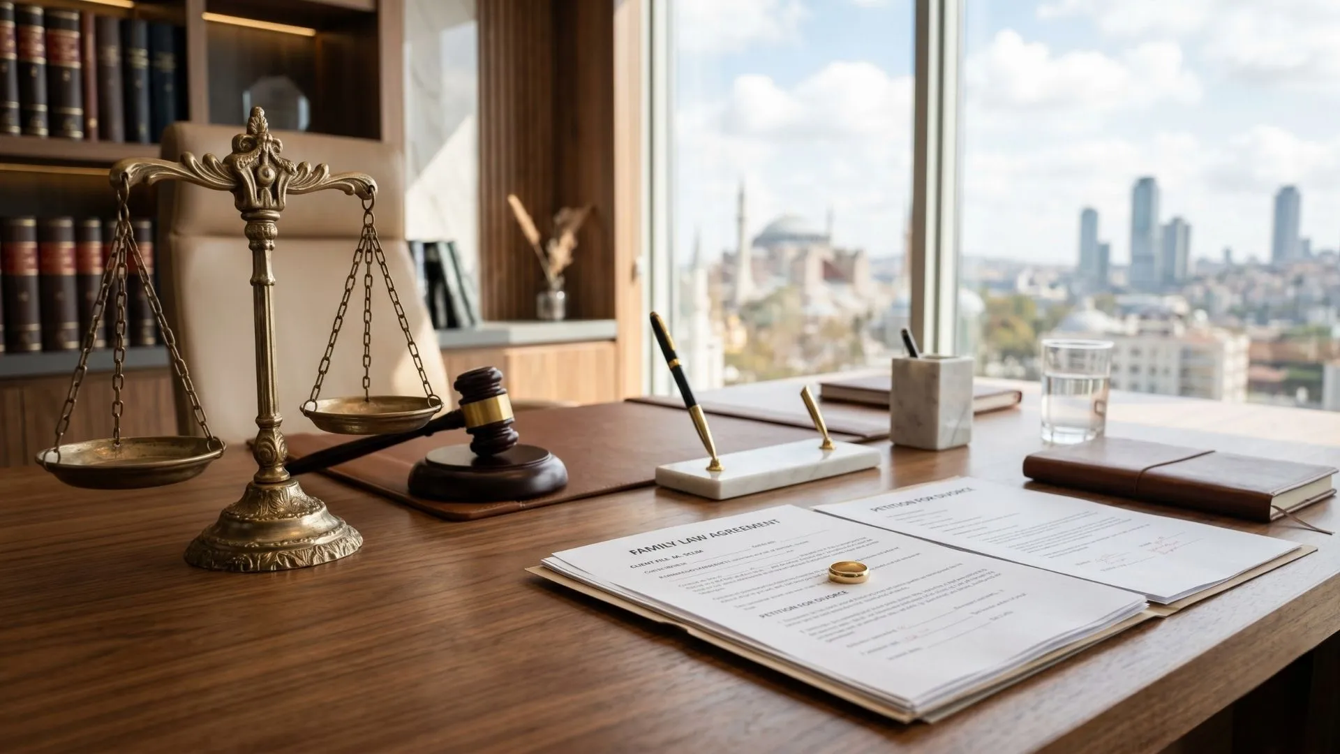 Şişli boşanma avukatı ofisinde adalet terazisi ve boşanma davası dosyaları.