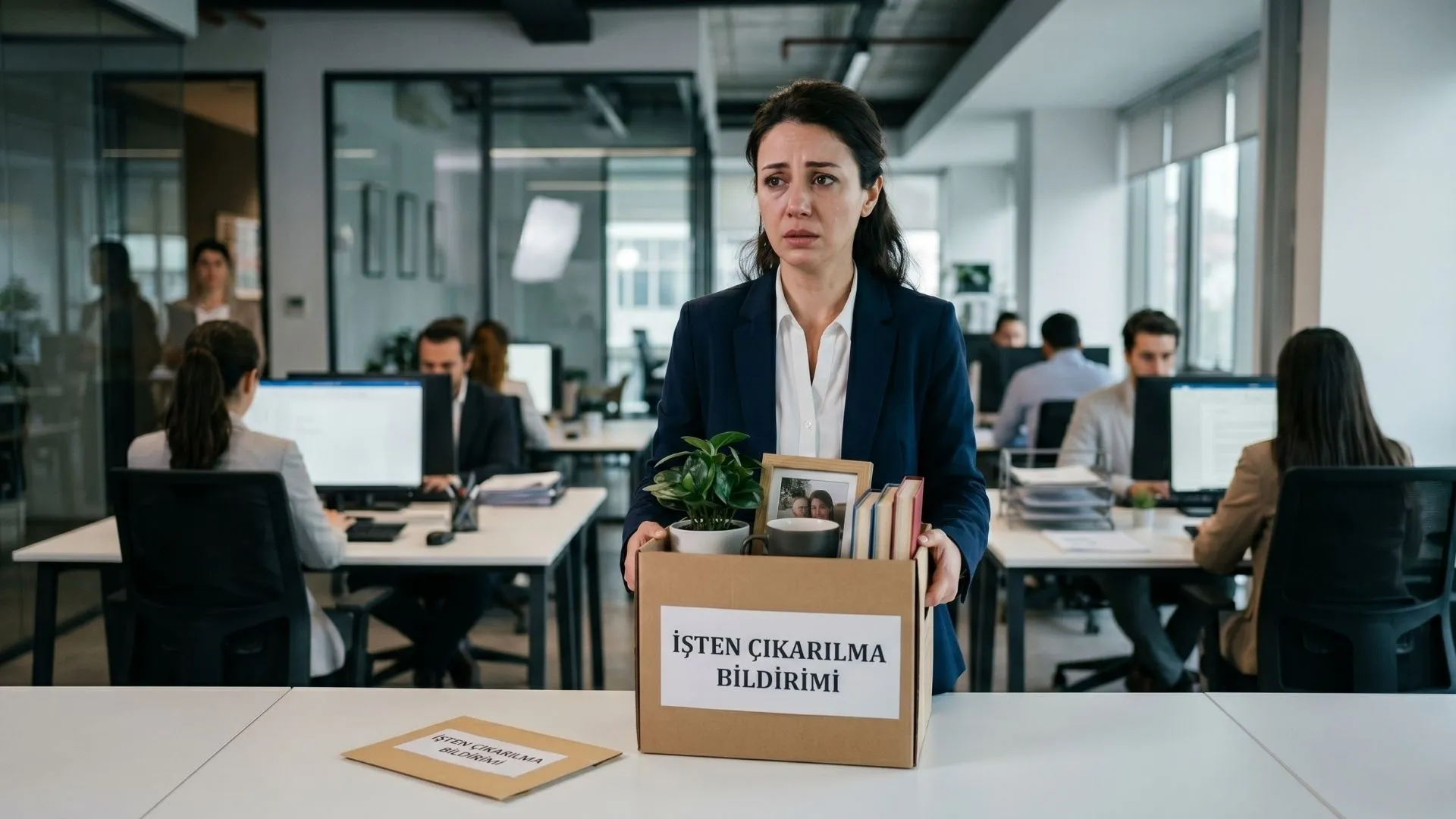 Elinde eşyalarının bulunduğu bir kutu tutan, durduk yere işten çıkarılmış üzgün kadın ofis çalışanı.