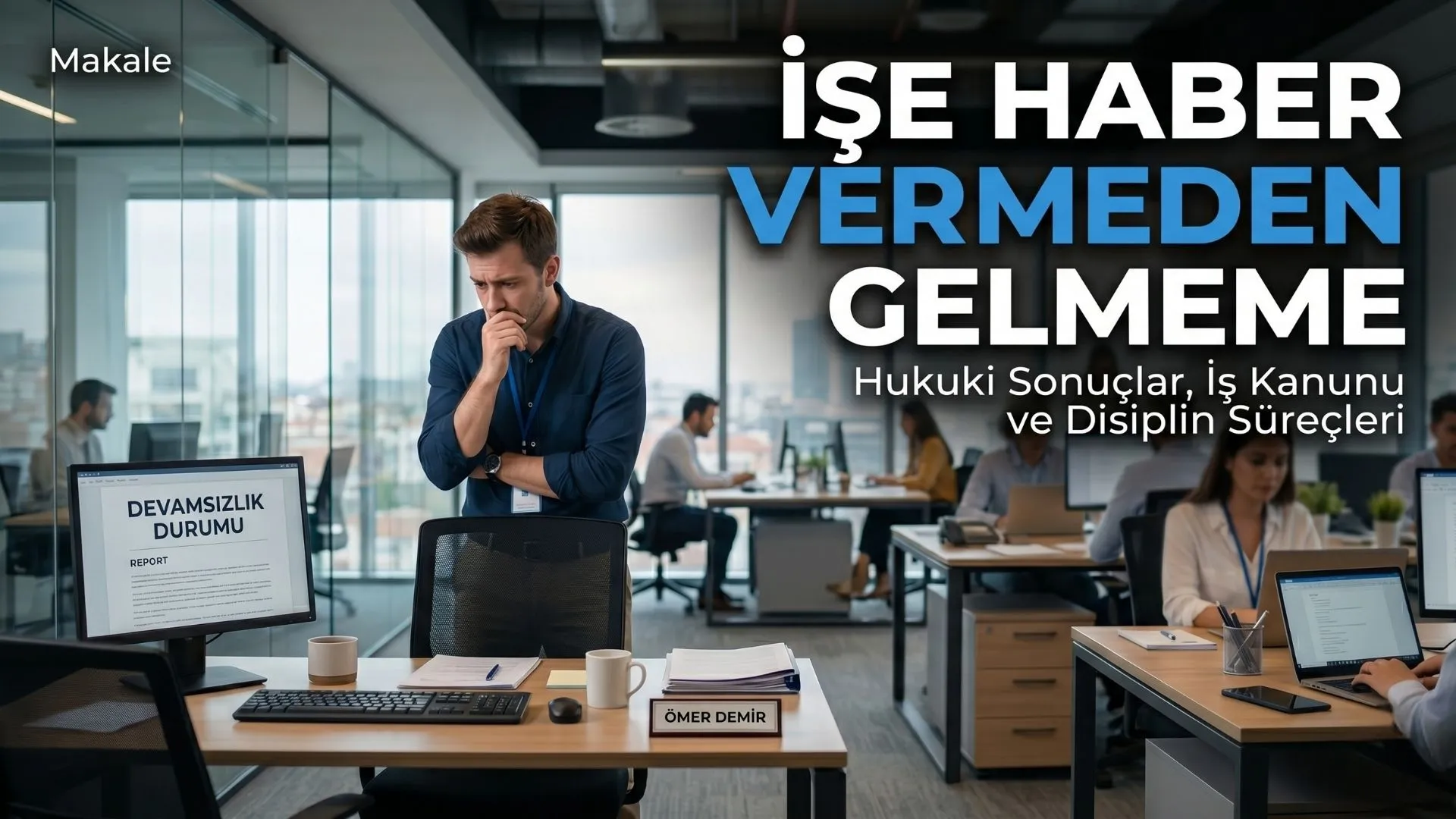 İşe haber vermeden gelmeme durumunun hukuki sonuçlarını, İş Kanunu maddelerini ve disiplin süreçlerini anlatan ofis temalı blog yazısı kapak görseli.